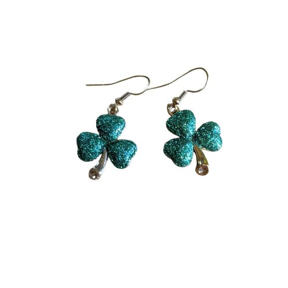 Green Glitter Clover Earrings St. Patricks Pattys Day Dangle Small St Pattys Day - Picture 1 of 2